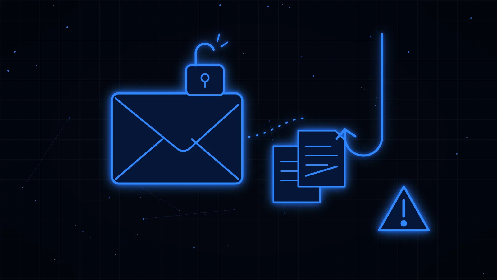 Envelope de e-mail com um cadeado aberto e faturas desviadas para um anzol, ilustração de e-mail da empresa invadido
