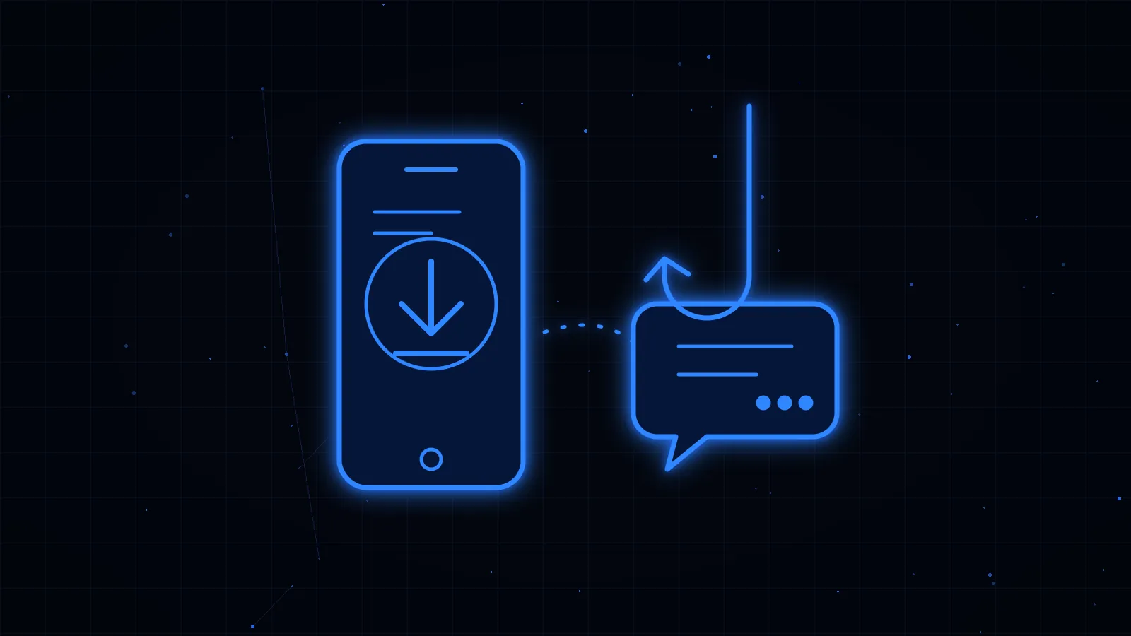 Celular em linhas azuis com uma seta de download e um balão de conversa preso a um anzol, sobre fundo preto