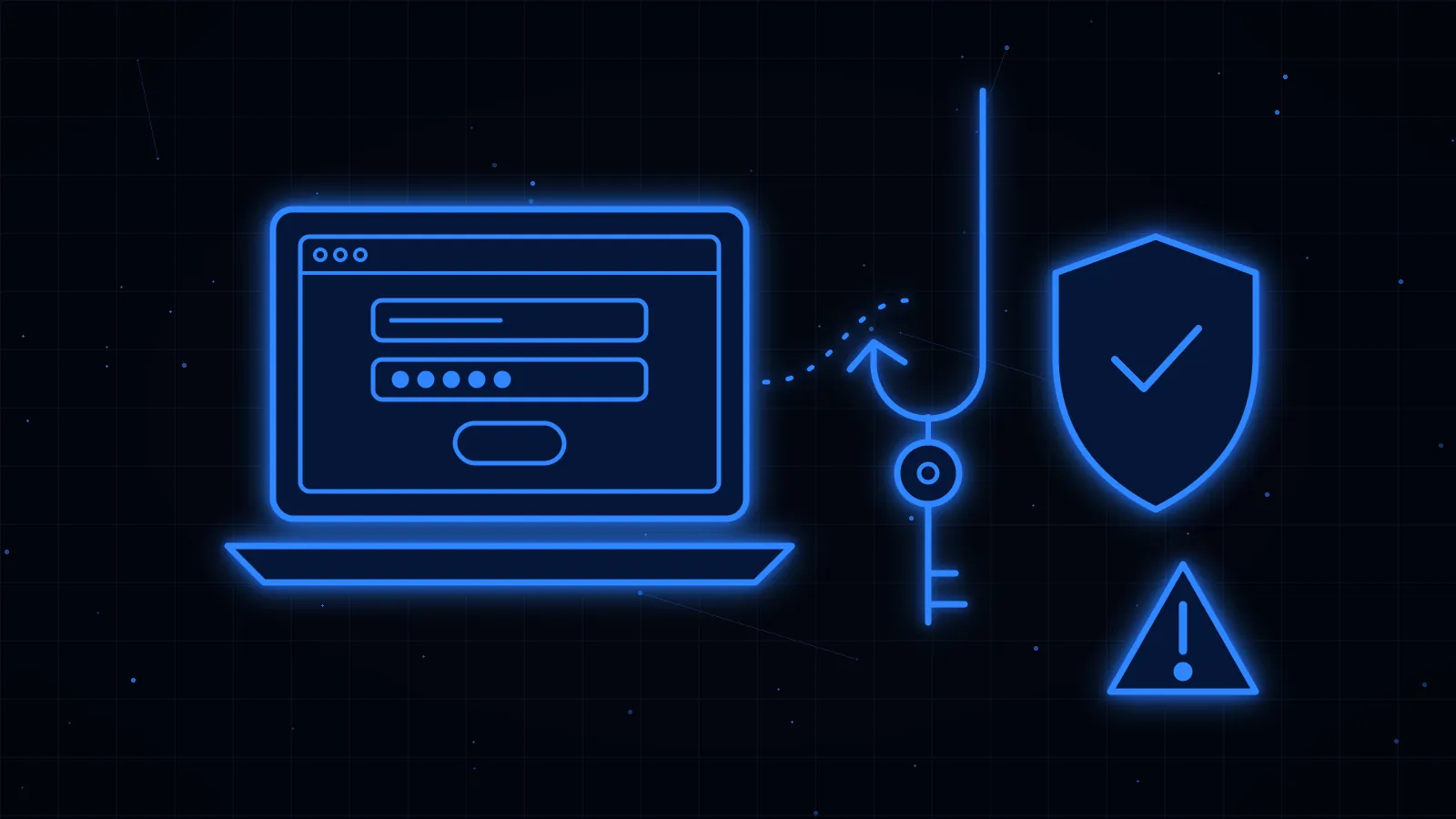 Laptop showing a fake login page and a fishing hook pulling away a key, next to a shield and an alert, in blue line art on black