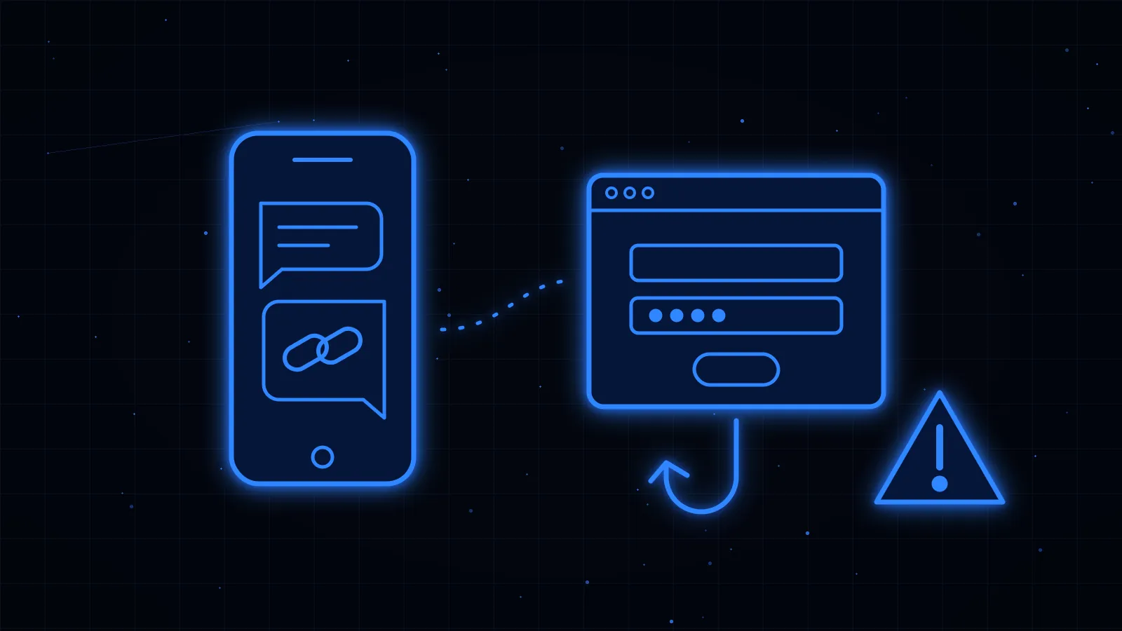 Celular com mensagens SMS e um link, um site falso com campos de senha, um anzol e um triângulo de alerta, em linhas azuis sobre preto