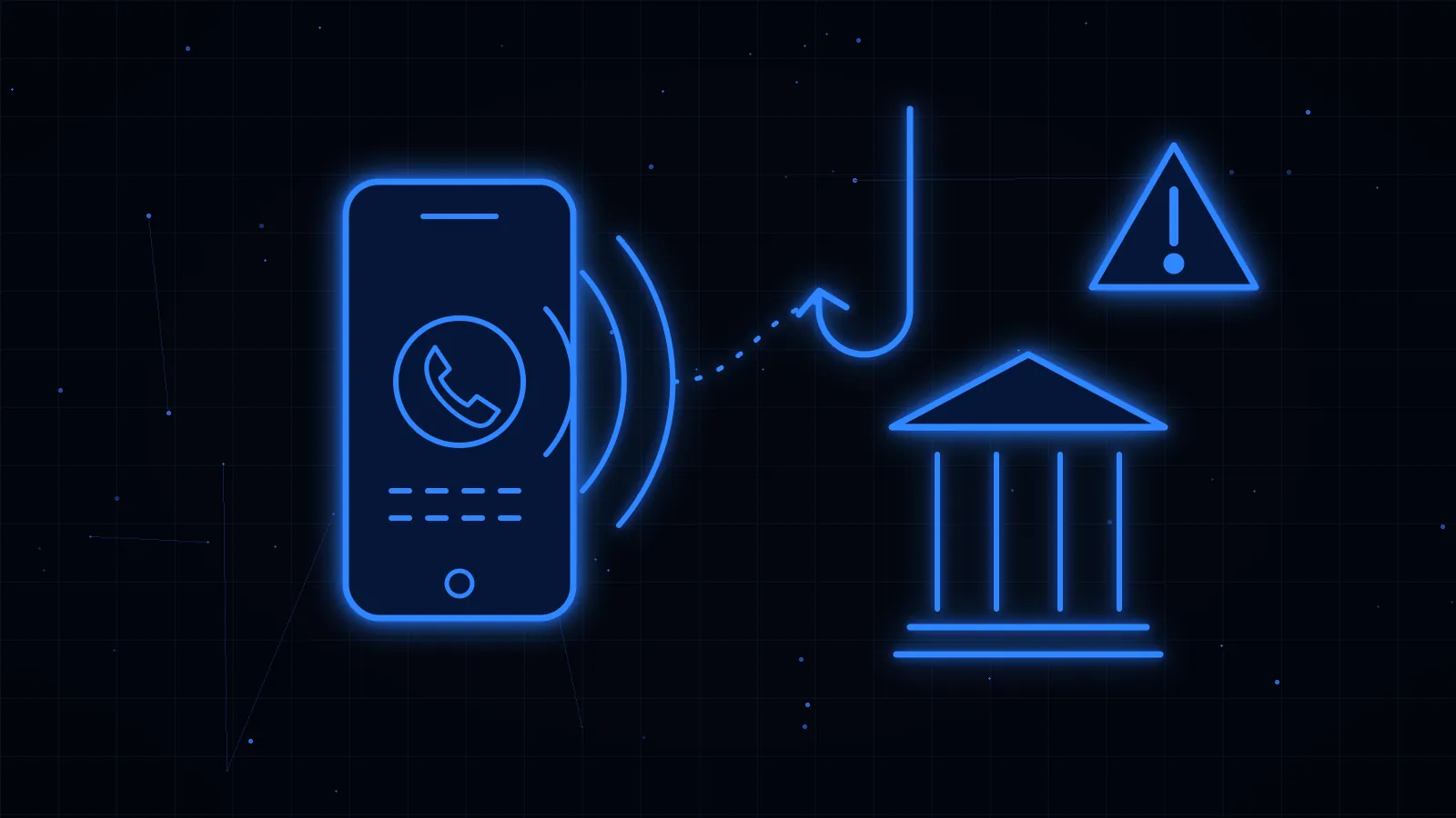 Móvil con una llamada entrante y ondas de sonido, un anzuelo, un banco y un triángulo de alerta, en línea azul sobre fondo negro